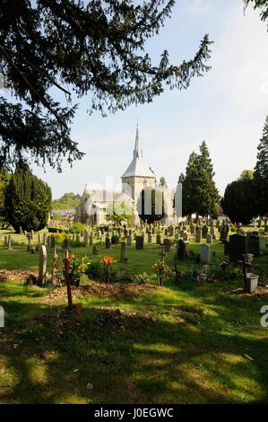 Iglesia de St Helens, Wheathampstead, Hertfordshire, se sitúa en el centro de la aldea de una inusual gran camposanto.