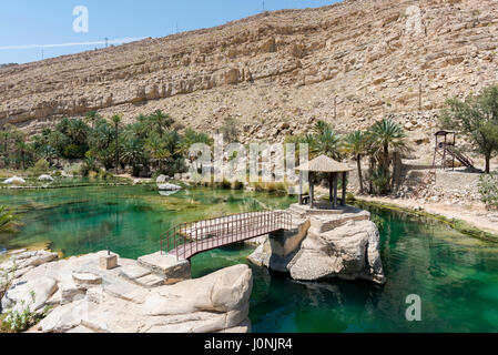 Área de descanso en uno de los grupo de Wadi Bani khalid, Omán Foto de stock