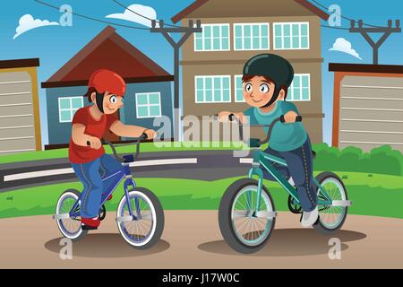 Una ilustración vectorial de niños felices, montando bicicleta juntos Ilustración del Vector