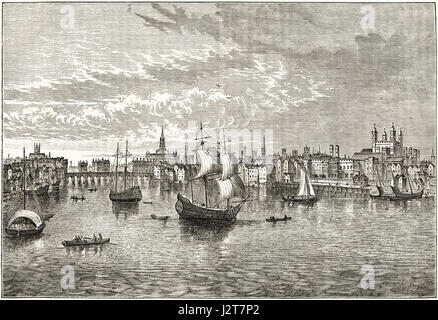 Siglo xvi sudeste vista de Londres sobre el Río Támesis en 1550. Grabado victoriano circa 1880.