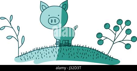 Aquamarine silueta dibujada a mano de cerdo en colina con plantas Ilustración del Vector