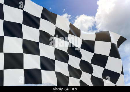 Representación 3D de la accidentada carrera de diseño de la bandera ondeando sobre fondo de cielo azul Foto de stock