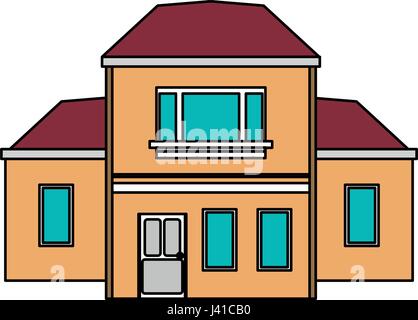  Imagen colorida fachada de dibujos animados de dos pisos con garaje y chimenea Imagen Vector de stock
