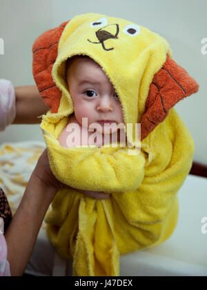 Lindo de raza mixta caucásico asiático Baby Boy con un gordito mejillas de grasa fresca de baño envuelto en una toalla león amarillo