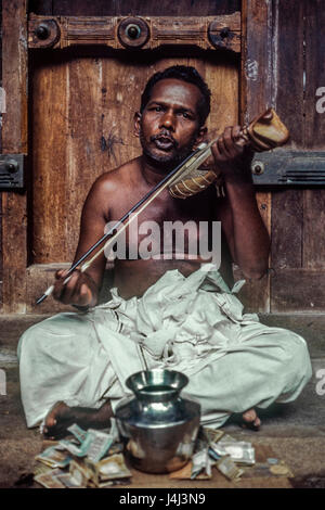 Hombre jugando nagveena, mannarasala sree templo nagaraja, Kerala, India, Asia Foto de stock