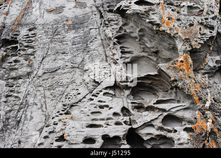 Depósitos interesantes, honeycomb intemperie y formaciones rocosas costeras encontrados en el acantilado de la playa Blowhole, Deep Creek Conservation Park, South