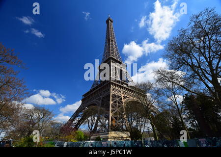 La icónica Torre Eiffel en el Champ de Mars en París, tomada con una lente gran angular Foto de stock