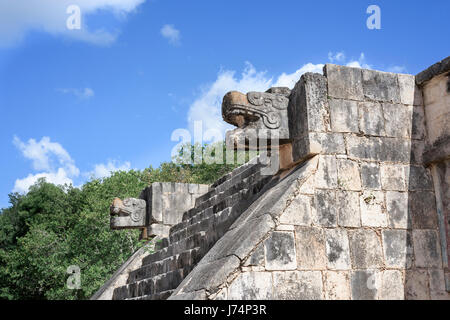 Cabeza de jaguar de piedra estatua en la plataforma de las águilas y los jaguares en las ruinas mayas de Chichen Itza, México Foto de stock