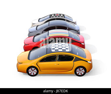 Coloridos coches eléctricos aislados sobre fondo blanco. Representación 3D imagen. Foto de stock