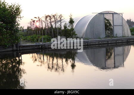 Un invernadero reflejándose en el agua, de los Países Bajos Rijp Foto de stock