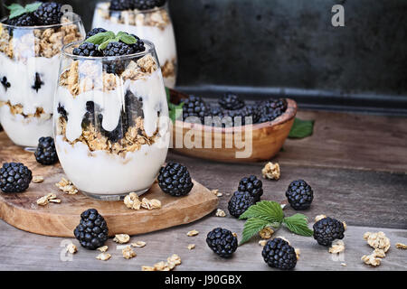 Parfaits Blackberry hecha con yogur griego, granola y moras frescas. Profundidad de campo extremas con el enfoque selectivo en parfait en foregrou Foto de stock