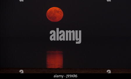 Cosecha roja luna reflejada en el Mar de Salton en California del Sur durante la noche Foto de stock