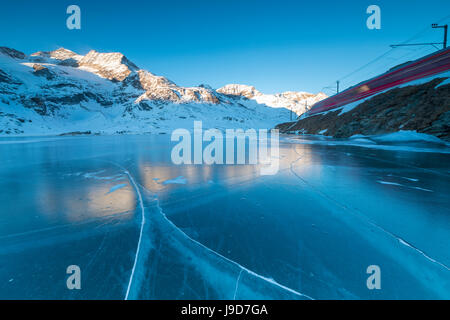 El Bernina Express tren funciona junto al lago congelado Bianco, Bernina Pass, cantón de Graubunden, Engadin, Suiza, Europa Foto de stock