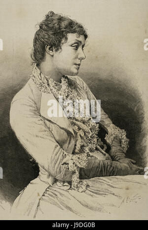 Eleonora Duse (1858-1924). La actriz italiana. Retrato. Grabado por Arturo Carretero. "La ilustracion española y americana", 1890. Foto de stock