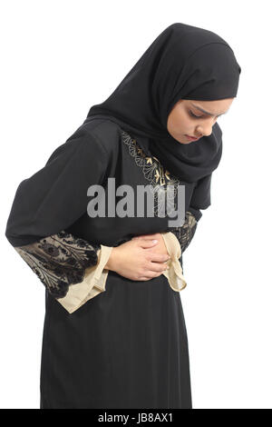 Arabia Emiratos Árabes mujer con dolor de estómago aislado sobre un fondo blanco. Foto de stock