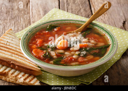 Sopa de tomate con judías, espinacas y queso parmesano de cerca en la tabla. Horizontal