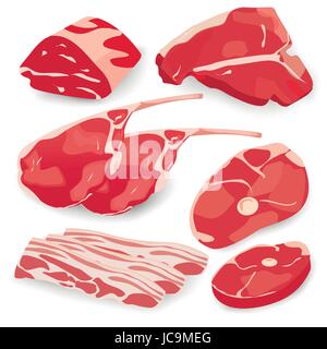 Diferentes cortes de carne fresca sabrosa variedad: carne de vaca, cerdo, ternera, cordero, cerdo, cordero, ronda bistec, carne deshuesada de nalgas, bacon, lomo asado, costillas, chuletas y costillas, óxido Ilustración del Vector