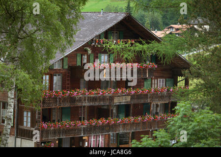 Jardineras detallada línea las cubiertas de cada piso sobre una casa en Lauterbrunnen, Suiza. Foto de stock