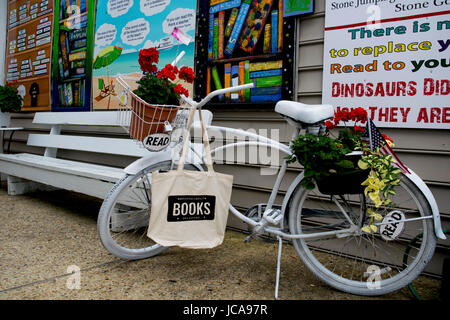 Libro sembradora flor de bicicletas delante de una librería.
