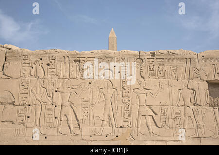 Detalles de talla, vista al interior del complejo del templo de Karnak, comprende una vasta variedad de dientes cariados templos, capillas, torres y otros edificios, Luxor, Egipto Foto de stock