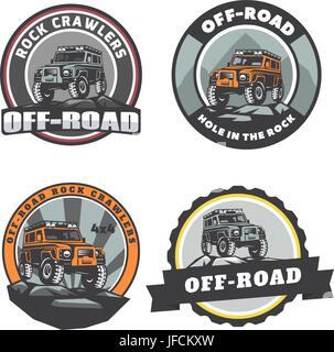 Conjunto de off-road suv coche logotipo redondo, emblemas y distintivos. Ilustración del Vector