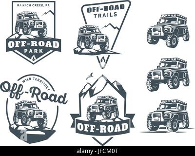 Conjunto de off-road suv coche logo monocromo, Emblemas y monogramas aislado sobre fondo blanco. Rock crawler coche en las montañas. Off-road trip emblemas, 4x4 Ilustración del Vector