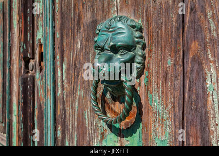 Pomo metálico de bronce con forma de cabeza de león en la antigua puerta de madera.