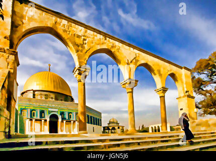 La Mezquita Al-Aksa (mezquita), la cúpula de la roca, el Noble Santuario, El Monte del Templo, en la Ciudad Vieja de Jerusalén. - Pintura arte fotográfico digital Foto de stock