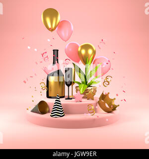 Rosa parte de Fondo - celebraciones con champagne, globos, confeti y gorro de fiesta Foto de stock