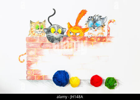  Un grupo de estilo de dibujos animados gatos escondido detrás de una pared  de ladrillo rojo y el anhelo por las coloridas bolas de lana en la parte  delantera. Ilustración dibujada a mano combinado con r Fotografía de stock  - Alamy