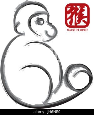 Año Nuevo Lunar chino del mono blanco y negro tinta Línea Arte de pincel con texto rojo Símbolo de mono ilustración Imagen Vector de stock Alamy
