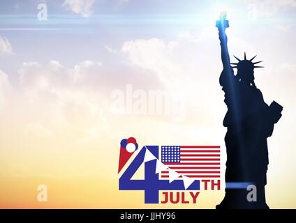 Cuarto de julio gráfico con banderas y helados contra el cielo nocturno con la estatua de la libertad Foto de stock