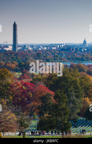 Estados Unidos del Norte de América, Arlington, Virginia, el Cementerio Nacional de Arlington, vista elevada hacia el Monumento a Washington, el Capitolio de EE.UU y Washington DC.