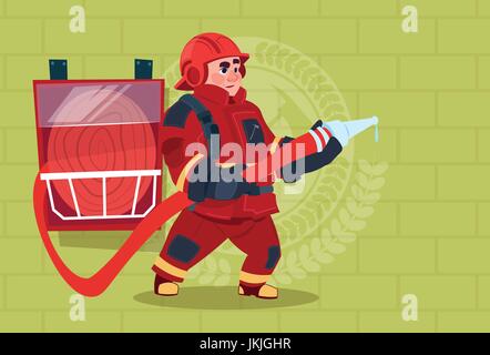 Bombero sujetando la manguera en uniforme y Casco Bombero adultos sobre  fondo de ladrillo Imagen Vector de stock - Alamy
