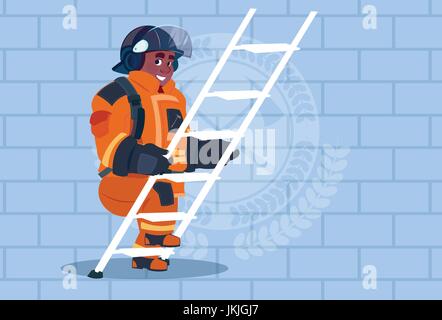 Mantenga el extintor bomberos Uniforme y Casco Bombero adulto Stand sobre  fondo de ladrillo Imagen Vector de stock - Alamy