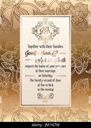 Vintage estilo barroco Plantilla de tarjeta de invitación de la boda. Elegante diseño formal con fondo de Damasco, decoración tradicional para la boda. Ilustración del Vector