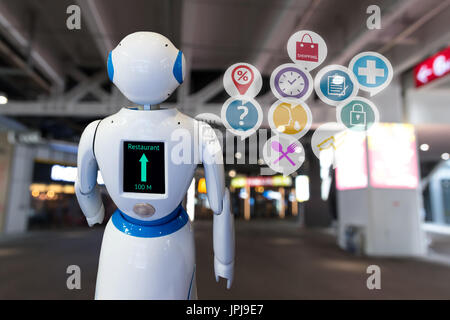 Retail , inteligente robot ayudante , robo advisor tecnología robot de navegación en la tienda departamental e iconos gráficos. Robot a pie de plomo para guiar al cliente a Foto de stock