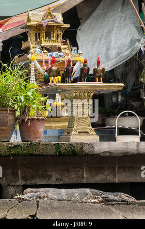 Un monitor de agua descansando en las escaleras junto a un santuario en la entrada de una casa en el Waterside Khlongs en Thonburi, Bangkok, Tailandia Foto de stock