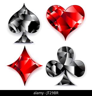 Conjunto de poligonales, brillantes, símbolos de naipes sobre un fondo blanco. Símbolos de naipes, corazón, diamante, una pala y un club. Ilustración del Vector