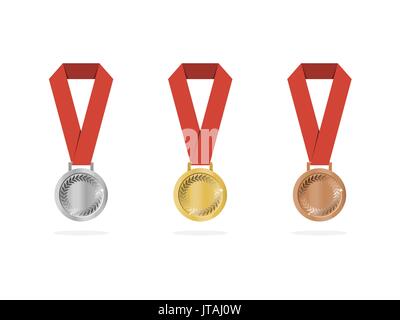 medallas de oro, plata y bronce vector.campeón y ganador premios medalla  deportiva con cinta roja. 17369146 Vector en Vecteezy