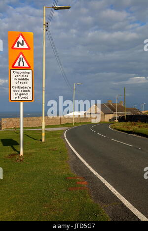 Una carretera recién instalado estrechamiento signo de advertencia junto con una "advertencia de curvas en carretera" montado en el mismo puesto. Foto de stock