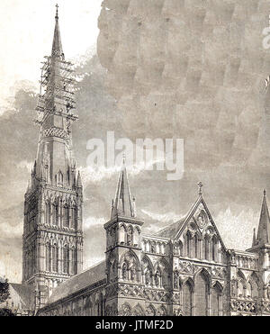 Steeplejacks trabajando en la torre de la Catedral de Salisbury circa 1910. Foto de stock
