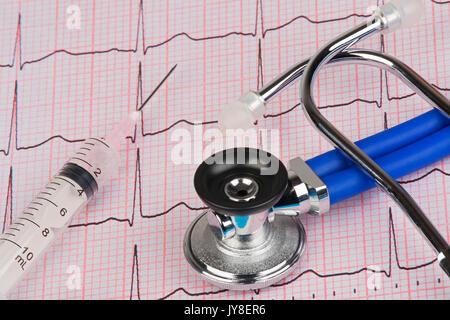 Cierre de un electrocardiograma, también conocido como EKG o ECG gráfico con un estetoscopio y jeringa Foto de stock