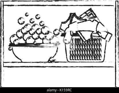 Silueta monocroma de lavandería cesta con montones de ropa Imagen