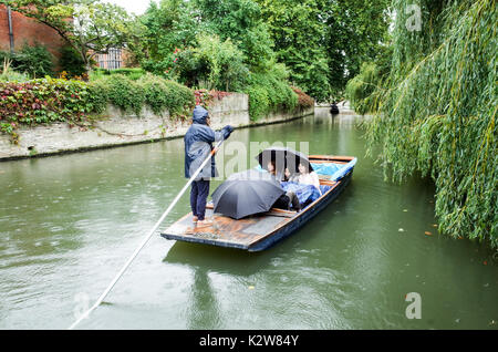 Golpeando en la lluvia. Clima húmedo Punting, los turistas se llevan a cabo paseos guiados en el río Cam bajo la lluvia, en Cambridge Reino Unido