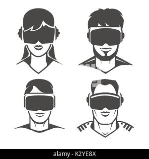 Auricular VR de cabezas humanas con iconos. Gafas de realidad virtual o oculus gafas signos, ilustración vectorial Ilustración del Vector