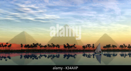 Las grandes pirámides stand majestuosamente sobre el río Nilo corriendo por toda la tierra de Egipto. Foto de stock
