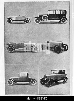 Una selección de automóviles inglesa de la década de 1920 a partir de una ilustración de 1924 - l a r Charron Laycock -Roll Royce del saloon -Bentley Tourer Sunbeam Sunbeam - racer - coupe -Hillman 'all weather'