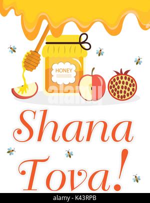 Tarjeta de felicitación por el Año Nuevo Judío, Rosh Hashanah, Shana tova. Miel y manzanas, granadas. Ilustración vectorial Ilustración del Vector