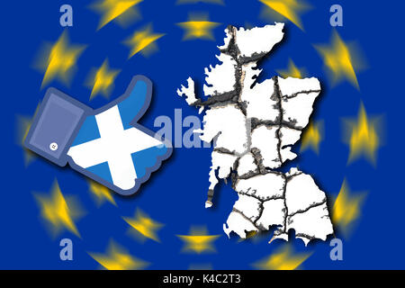 Bandera de la Unión Europea con la erosión de Gran Bretaña y Facebook como icono con la Bandera de Escocia Foto de stock